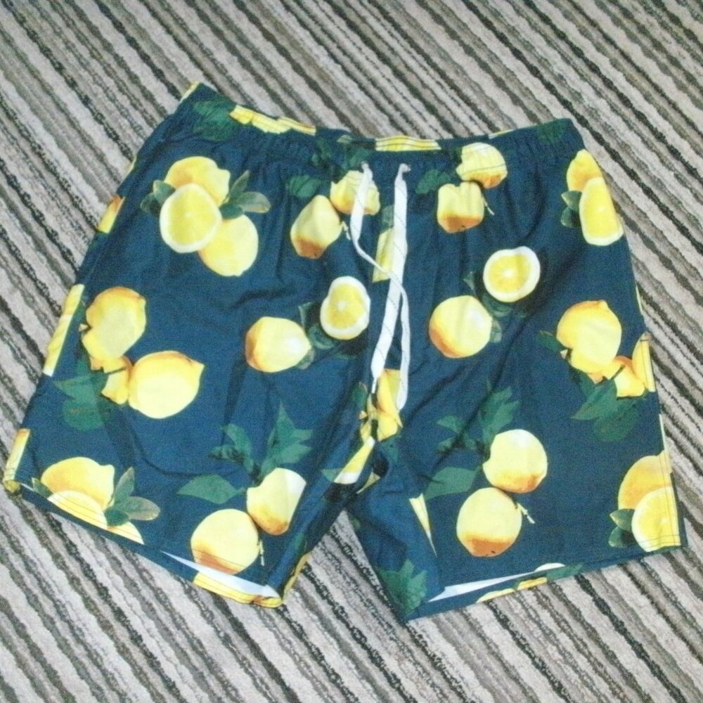 City Streets Drawstrings Swim Trucks Shorts Pockets Lined Blue & Lemon Print ~ L